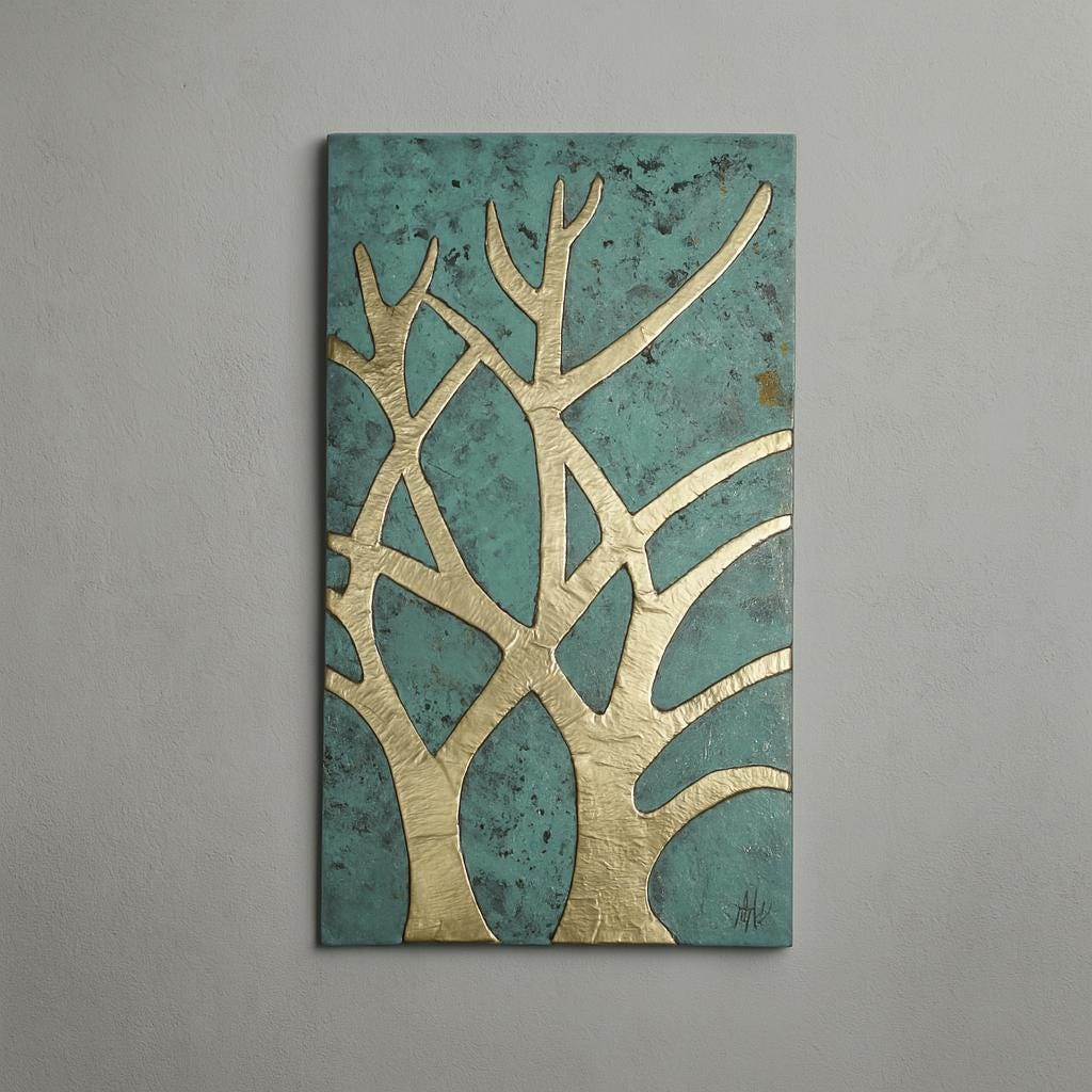 Abstract Brass Tree Wall Art – Handmade Blue Patina Metal Artwork for Living Room