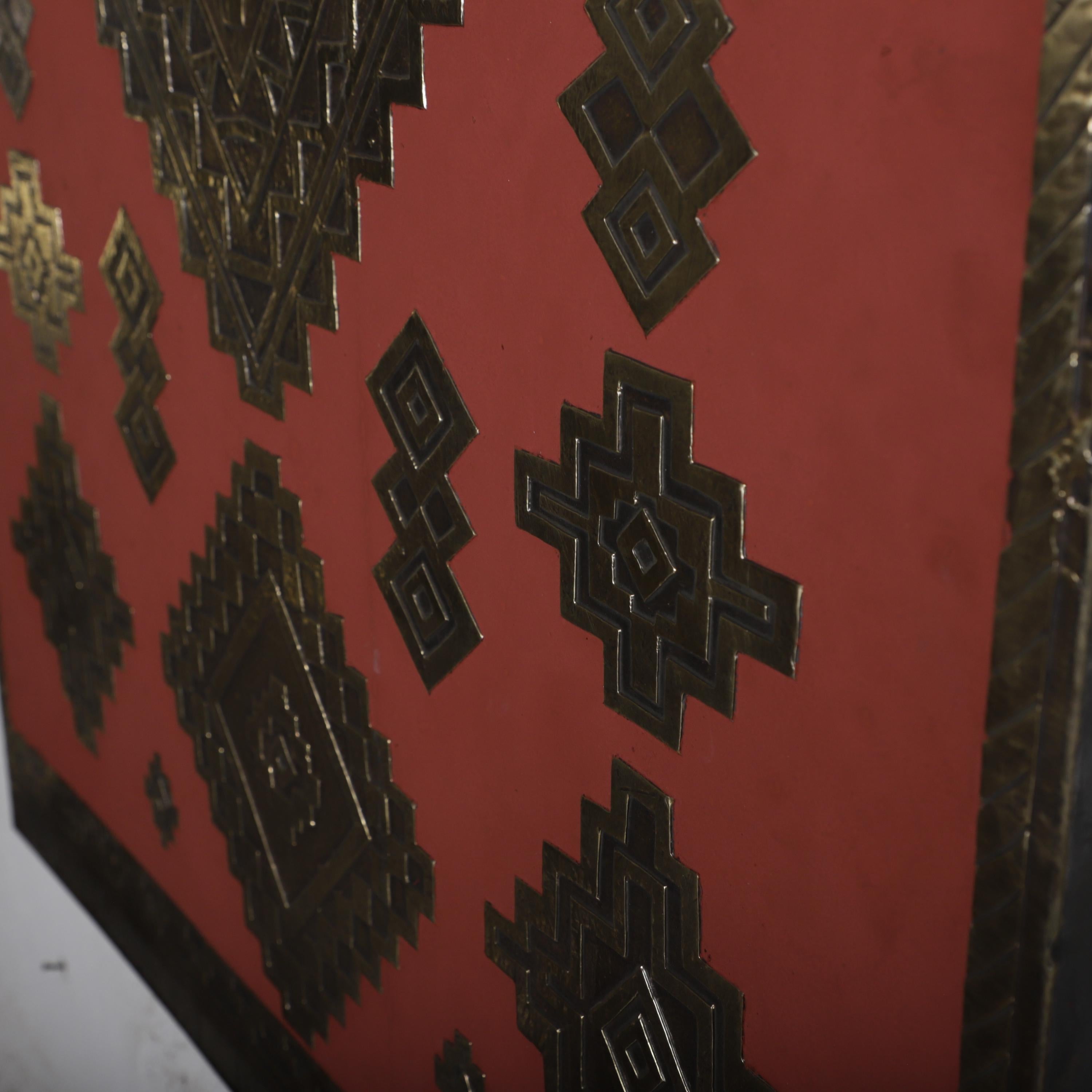 Handmade Moroccan Geometric Brass Wall Art – Red & Gold