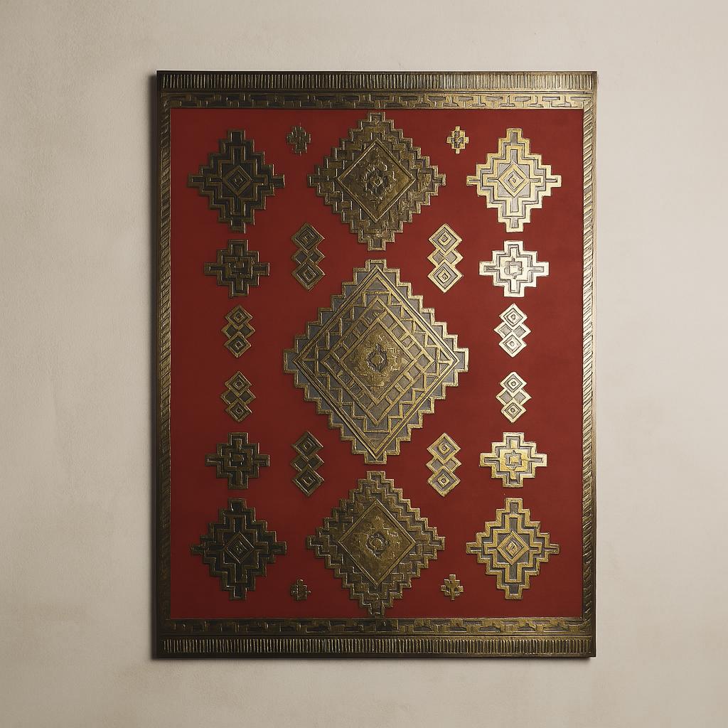 Handmade Moroccan Geometric Brass Wall Art – Red & Gold
