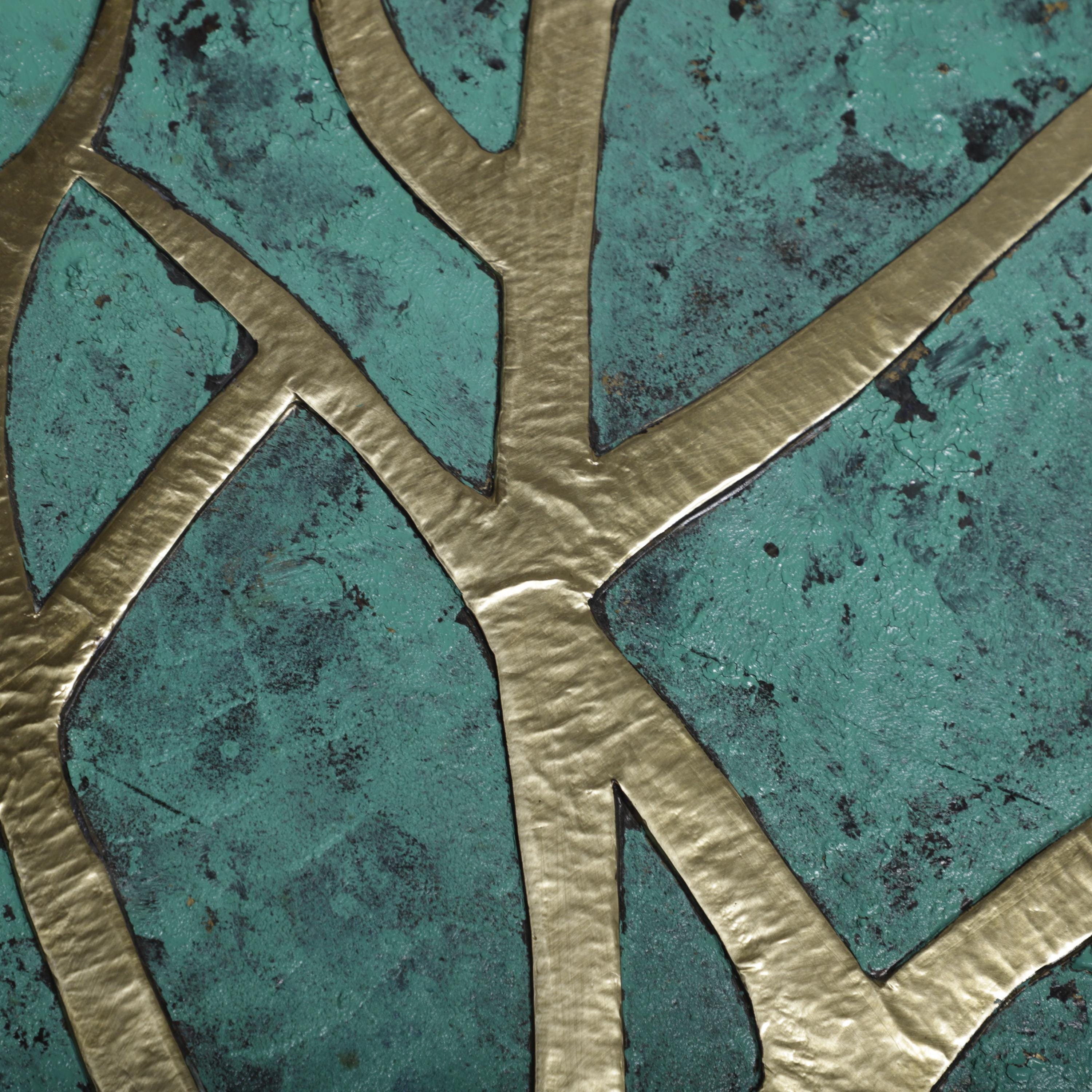 Abstract Brass Tree Wall Art – Handmade Blue Patina Metal Artwork for Living Room