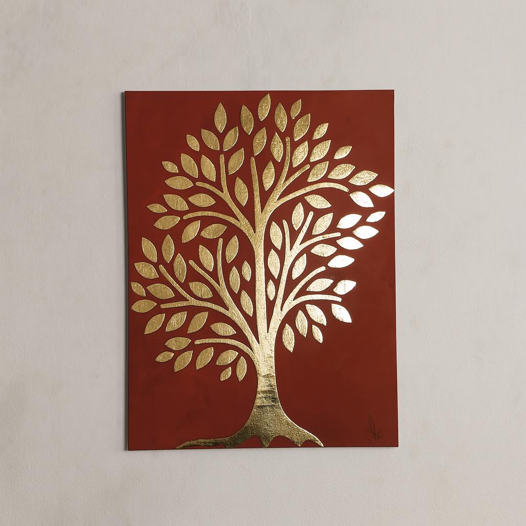 Handmade Gold Tree Artwork – Brass Wall Decor on Terracotta Panel