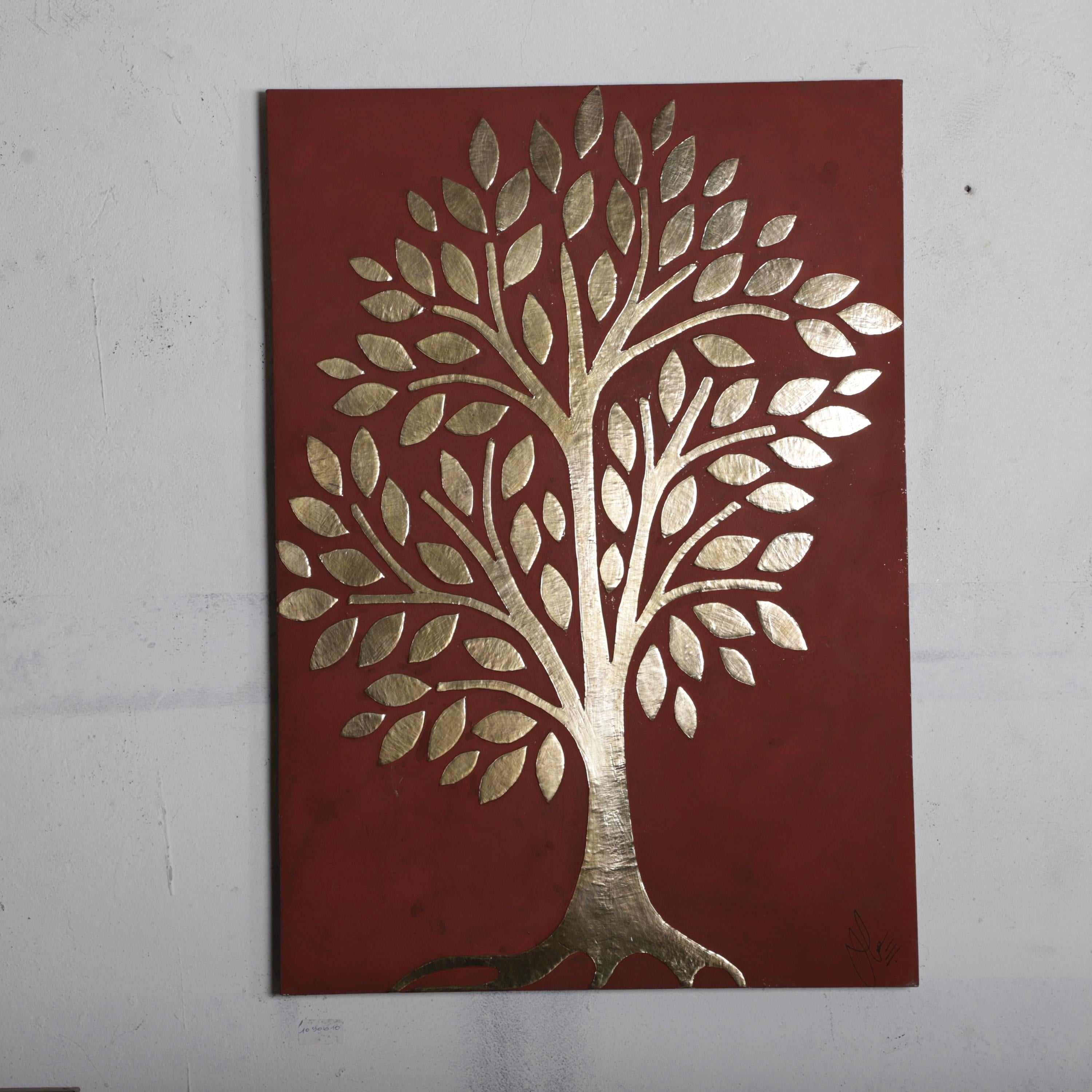 Handmade Gold Tree Artwork – Brass Wall Decor on Terracotta Panel