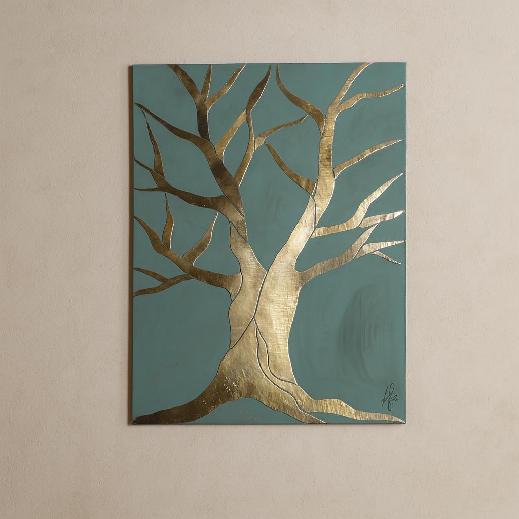 Gold Tree Artwork Wall Decor – Brass on Blue Panel