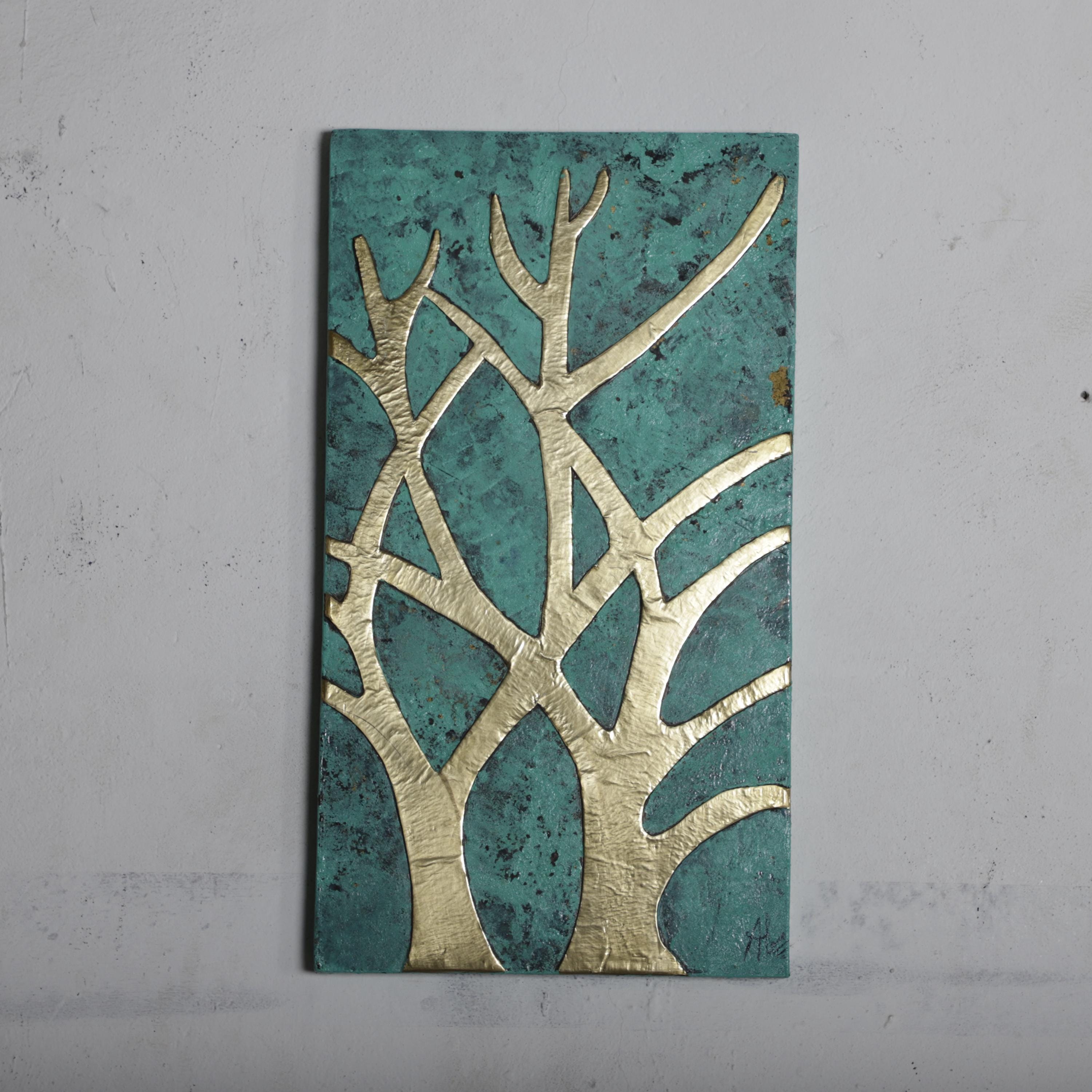 Abstract Brass Tree Wall Art – Handmade Blue Patina Metal Artwork for Living Room