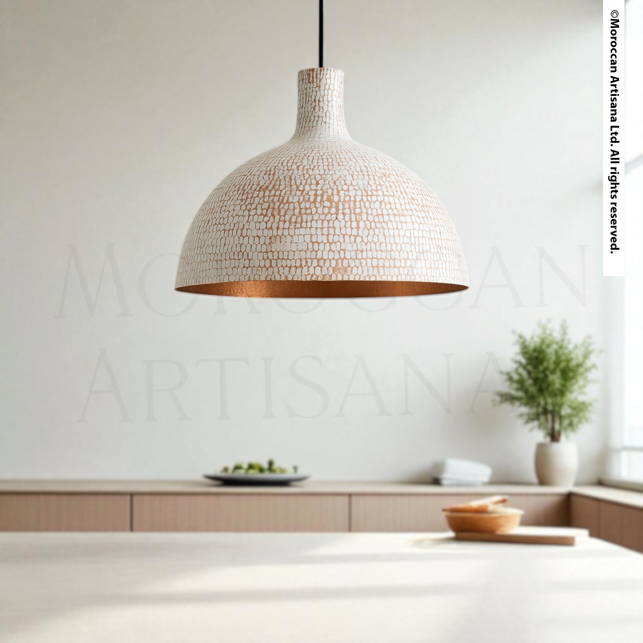 Handcrafted White Brass Pendant Light – Moroccan Artisan Dome