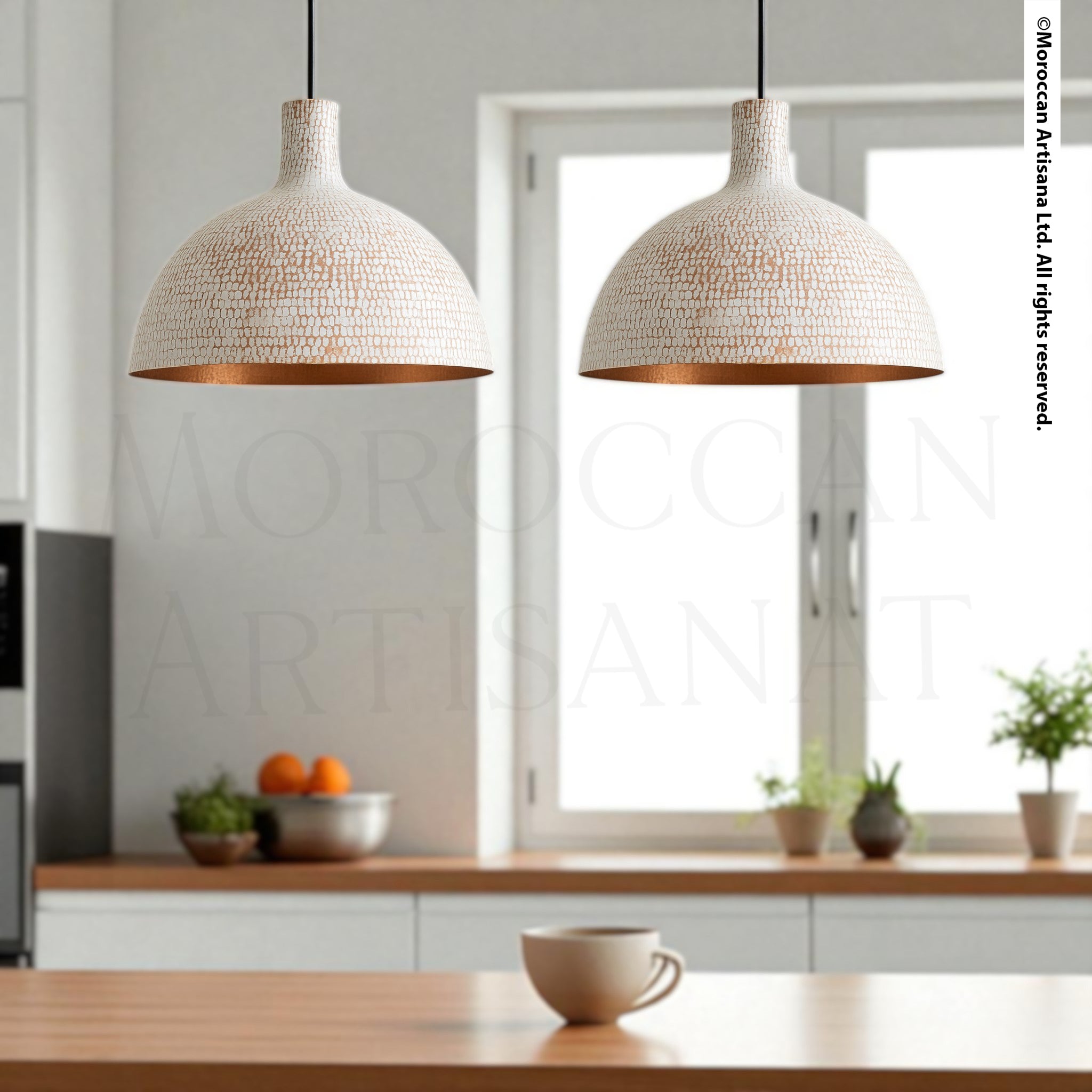 Handcrafted White Brass Pendant Light – Moroccan Artisan Dome