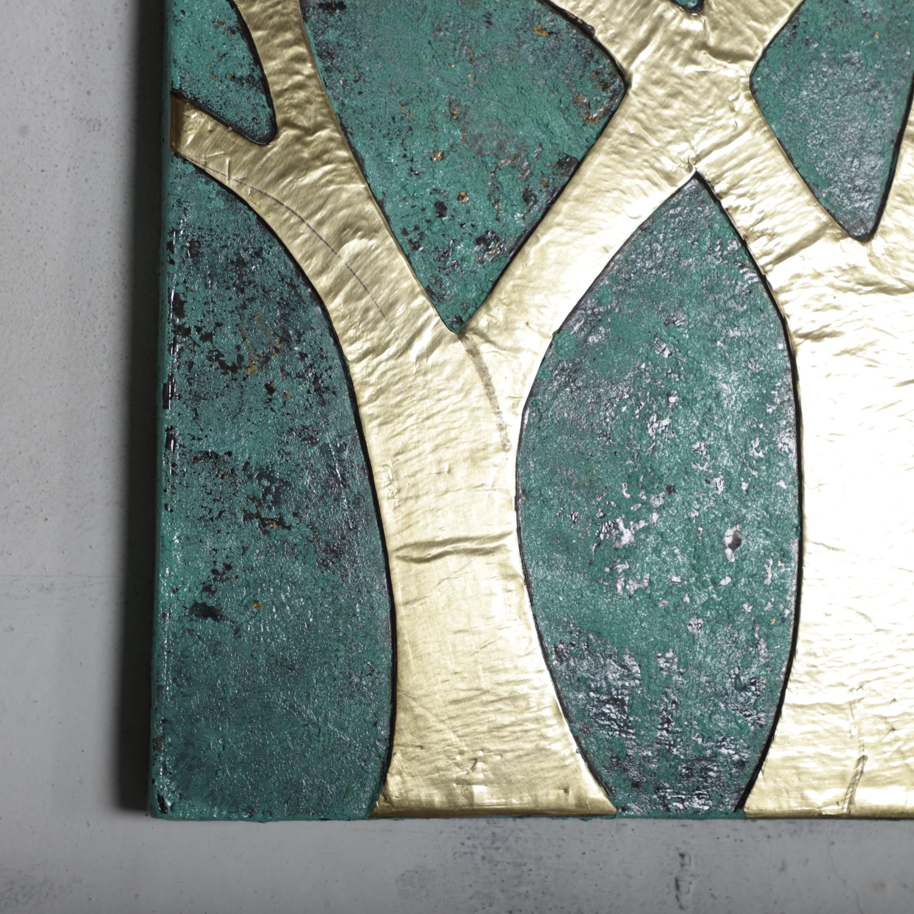 Abstract Brass Tree Wall Art – Handmade Blue Patina Metal Artwork for Living Room