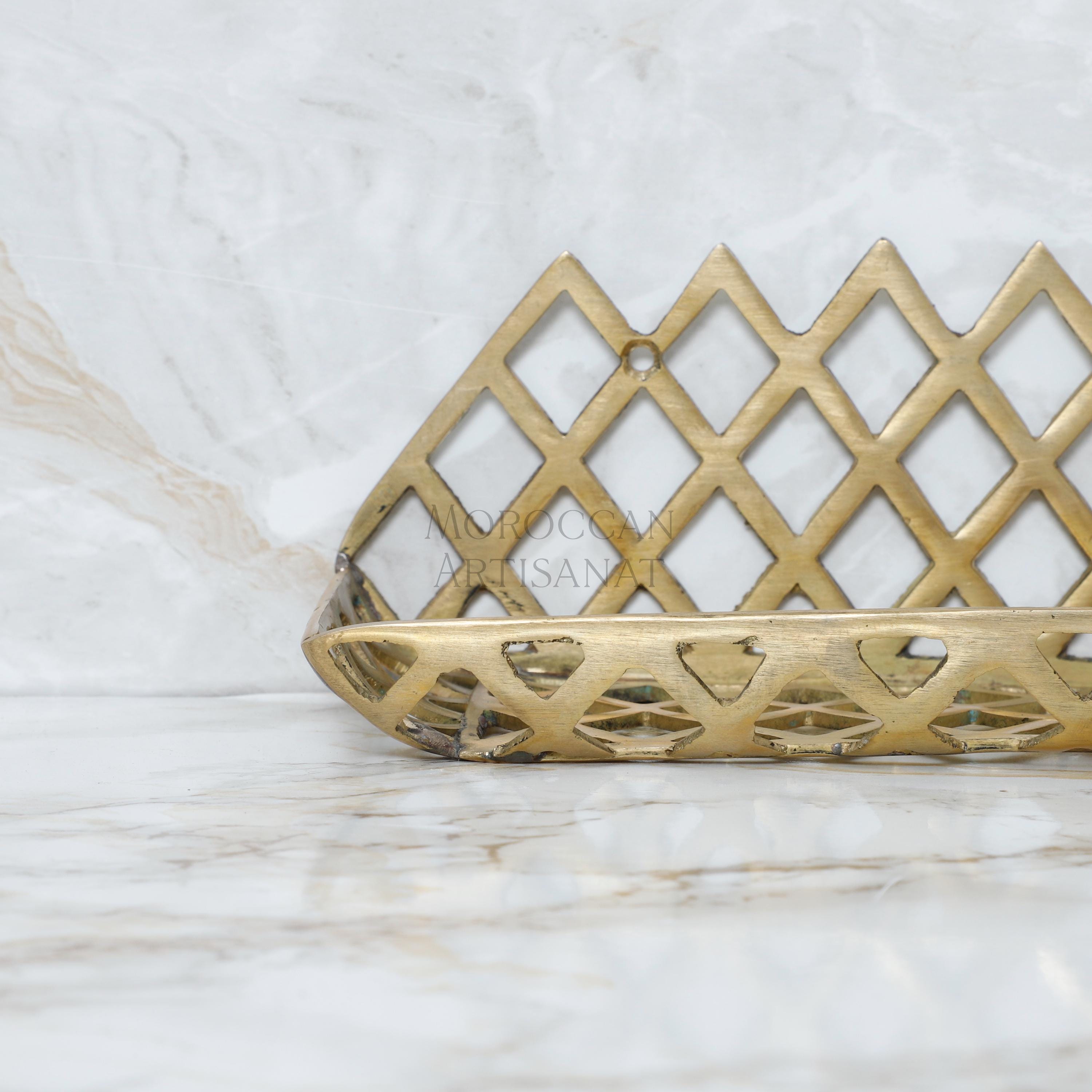 Handcrafted Brass Wall Shelf – Moroccan Lattice Design