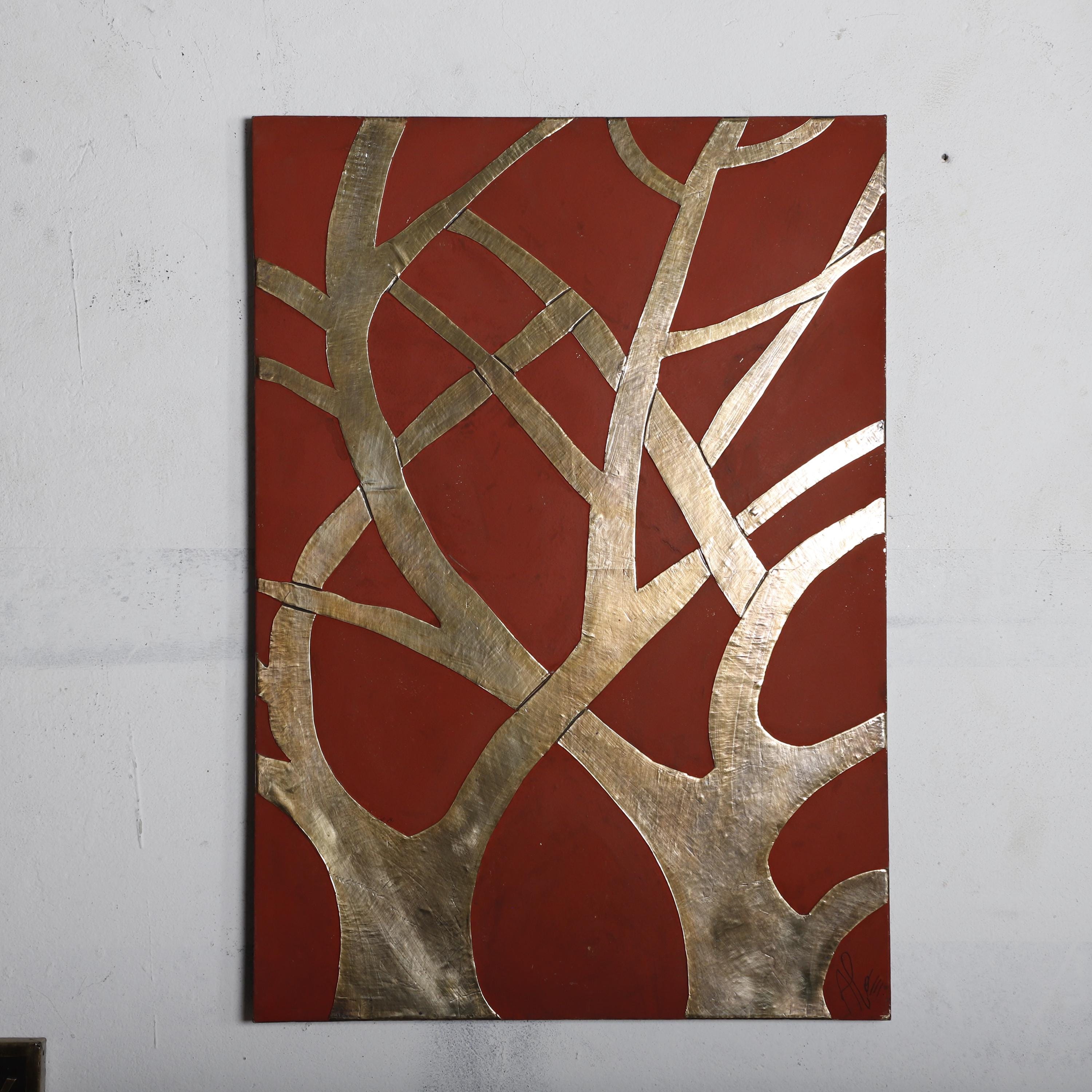 Abstract Branch Brass Wall Art – Handmade Terracotta Panel