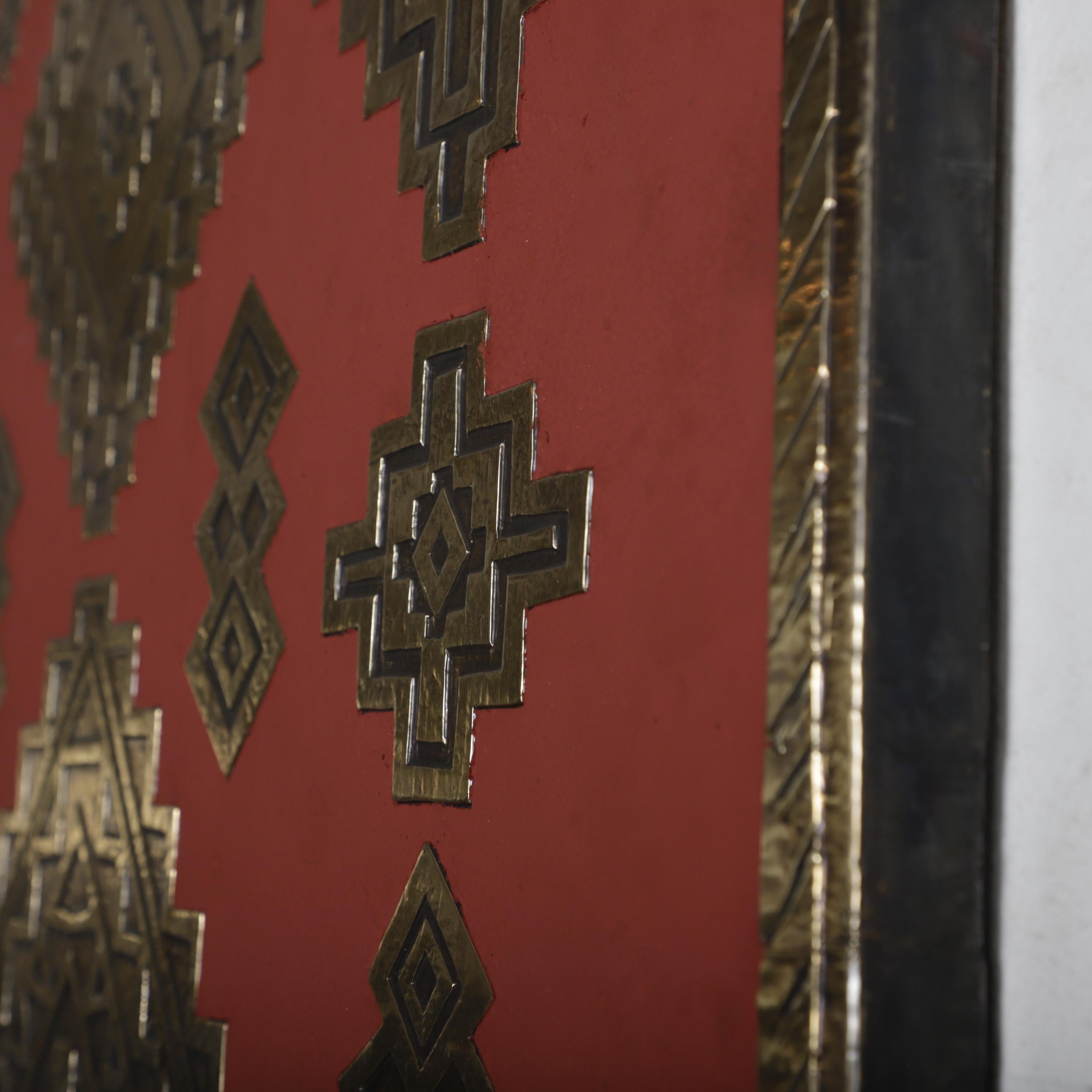 Handmade Moroccan Geometric Brass Wall Art – Red & Gold