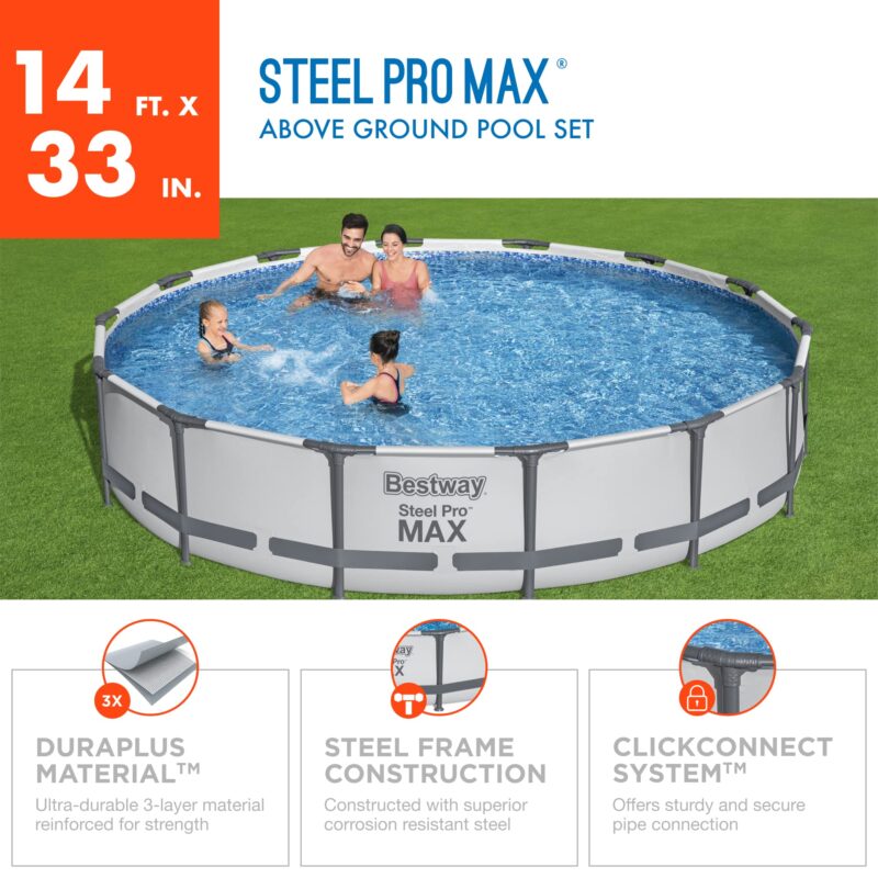 Bestway Steel Pro MAX 12ft (3.66m) x 30in (76cm) Round Above Ground Swimming Pool Set with Filter Pump – 6,473L Capacity – Durable Metal Frame Family Outdoor Pool – Gray - Image 5